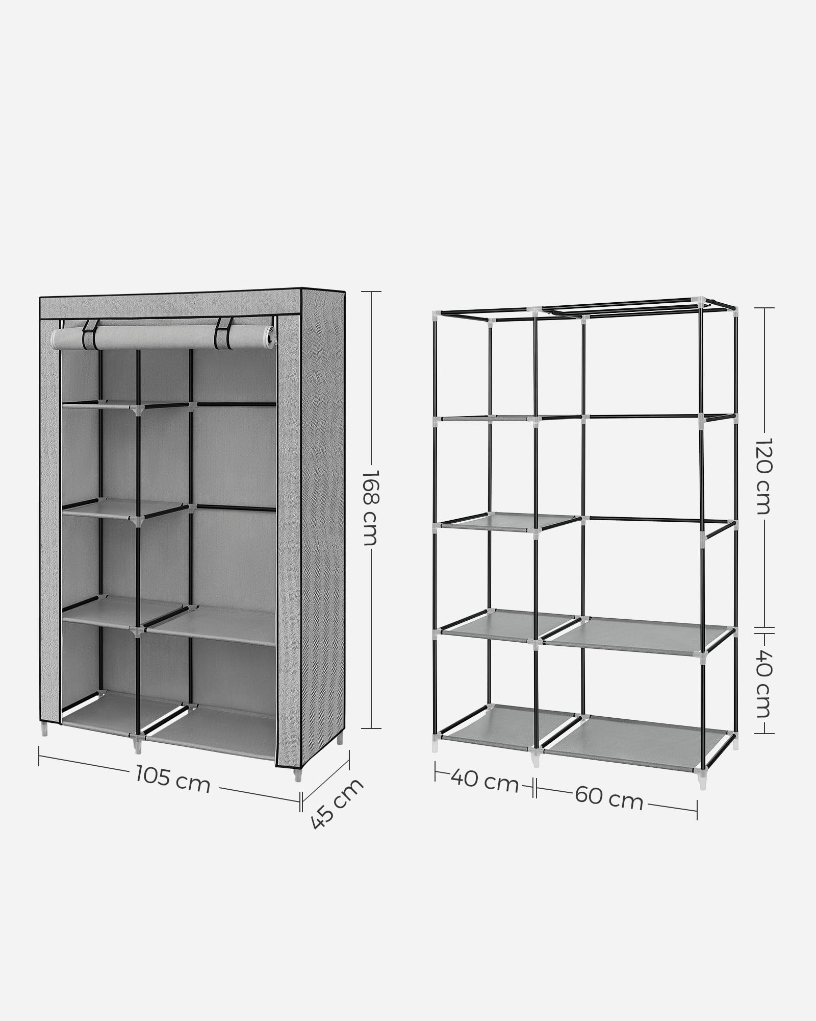 SONGMICS Armario de Tela, Armario de Ropa, con 1 Barra Colgante, 6 Estantes, Tela no Tejida, Marco de Metal, 45 x 105 x 168 cm, para Dormitorio, Pasillo, Gris con Diseño de Espiga RYG085G22