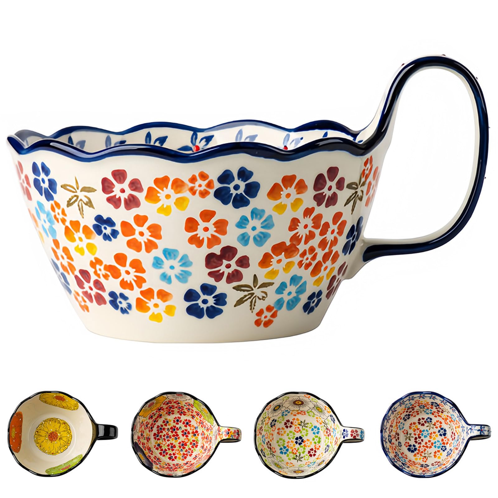 Grand bol à ramen en céramique de 1 000 ml, passe au micro-ondes, bol à soupe, grande tasse à soupe (fleur-A)