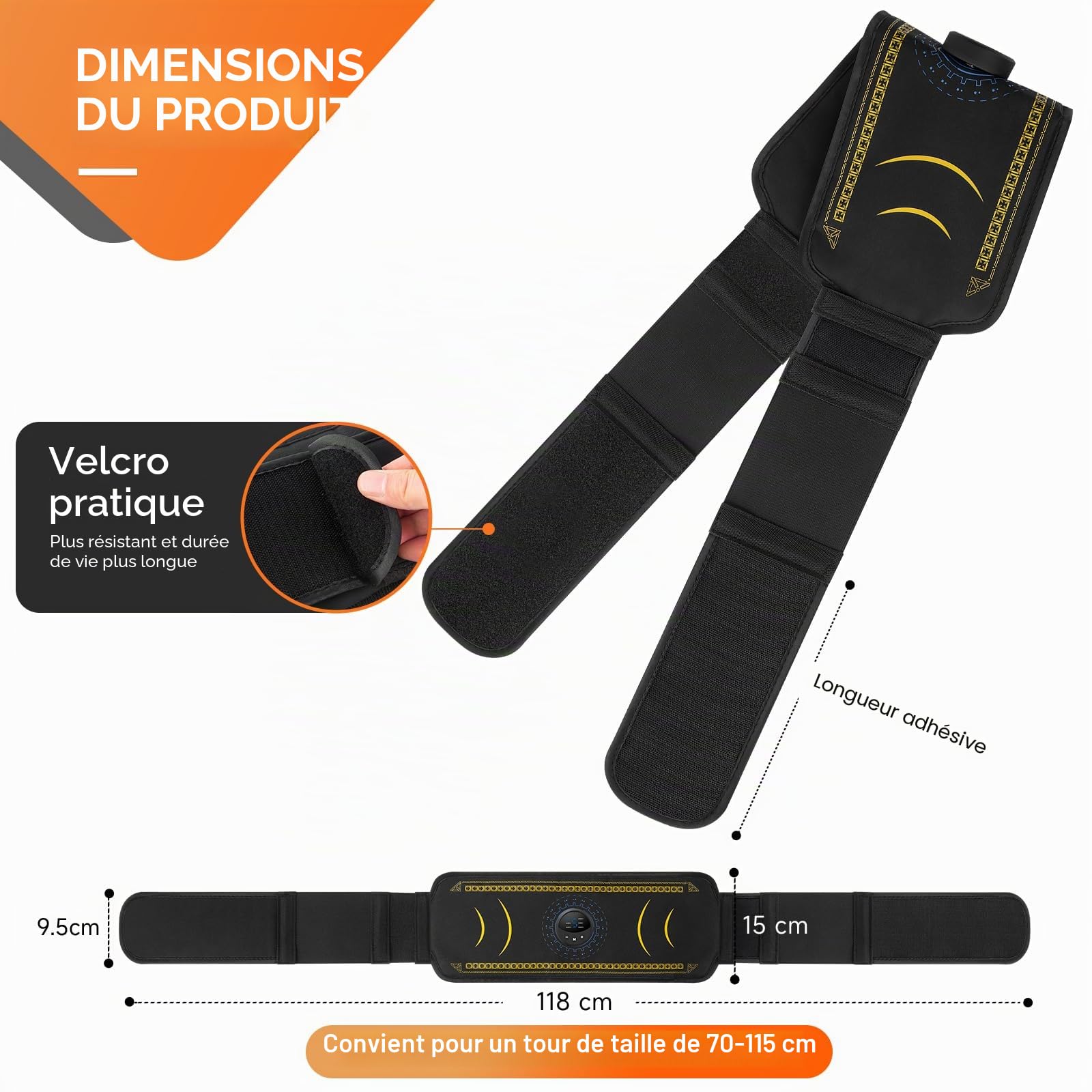 Stimulateur musculaire en ABS, 6 modes et 15 intensités, ceinture de tonification ABS, chargement USB, convient pour tour de taille de 62 à 124 cm