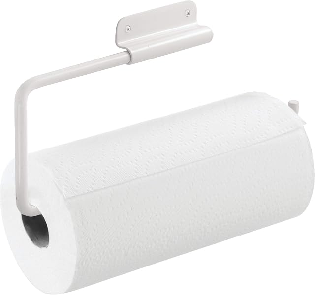 iDesign 33233 Kitchen Roll Holder Wall Mounted, Metal Paper Towel Holder for the Kitchen Wall and Cabinet Doors, Versatile Under Sink Storage, White