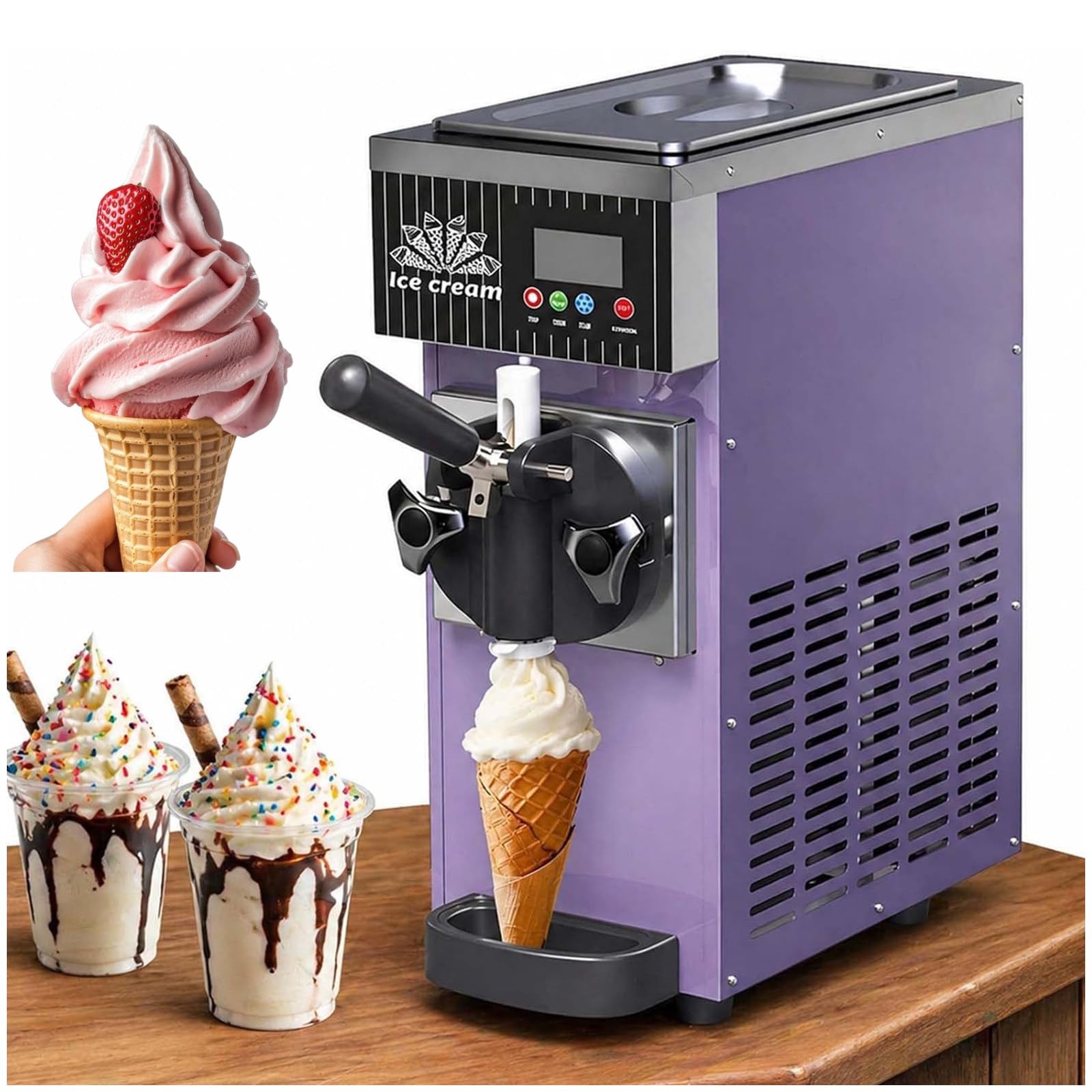 ZEEKYFOR Commercial Ice Cream Maker Machine, Single Flavor Soft Serve Ice Cream Machine with LCD Display, Auto Clean 3.5L Purple