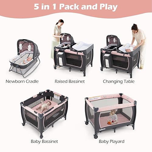 Miniatura 3 de INFANS Parque 4 en 1, Centro de Guardería Portátil para Bebé Niño Infante, Corral de Viaje con Moisés, Colchón, Cambiador de Pañales, Bolsa,