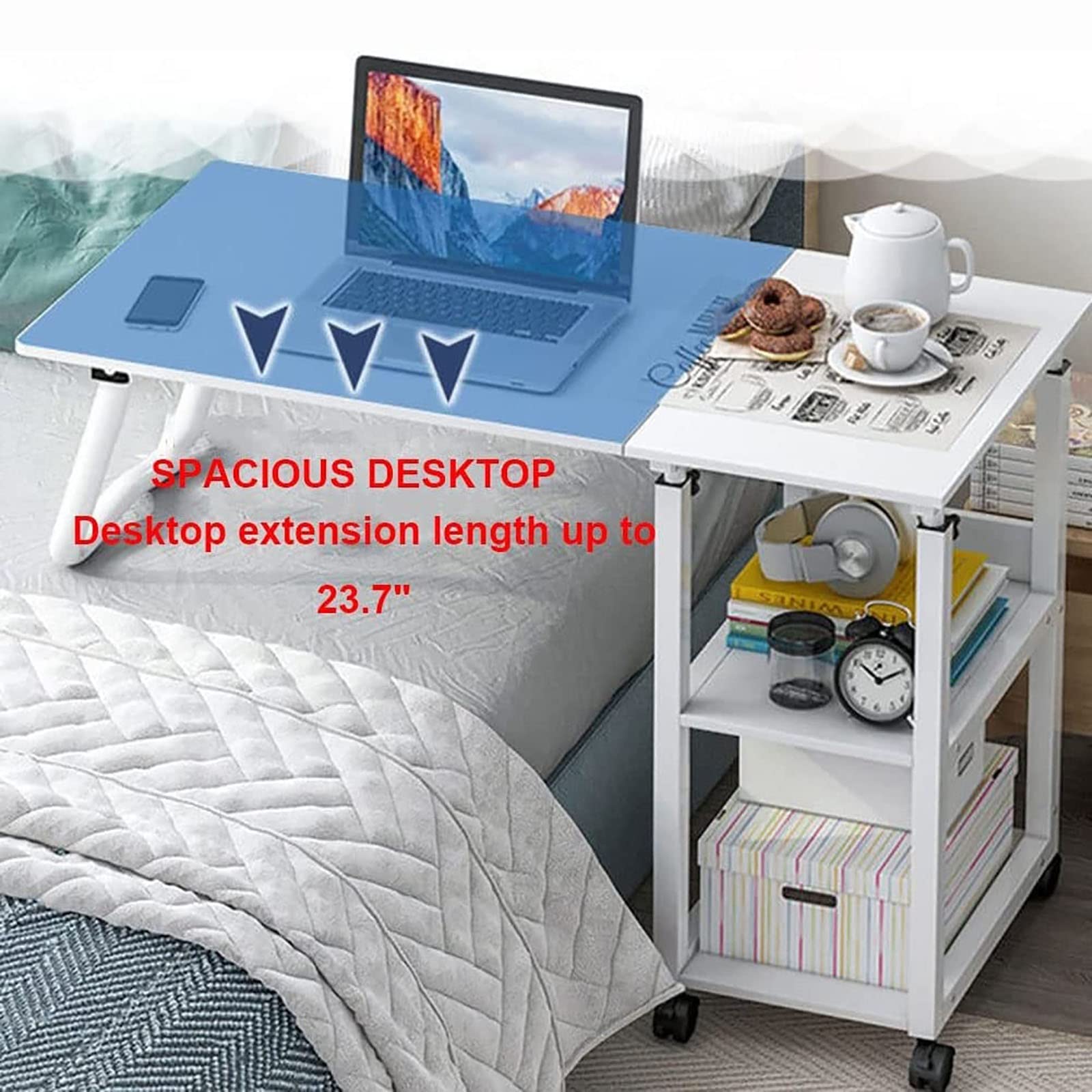 Mesa de cama con ruedas, mesita de noche médica ajustable en altura con cajón, diseño plegable de doble propósito para uso hospitalario y doméstico