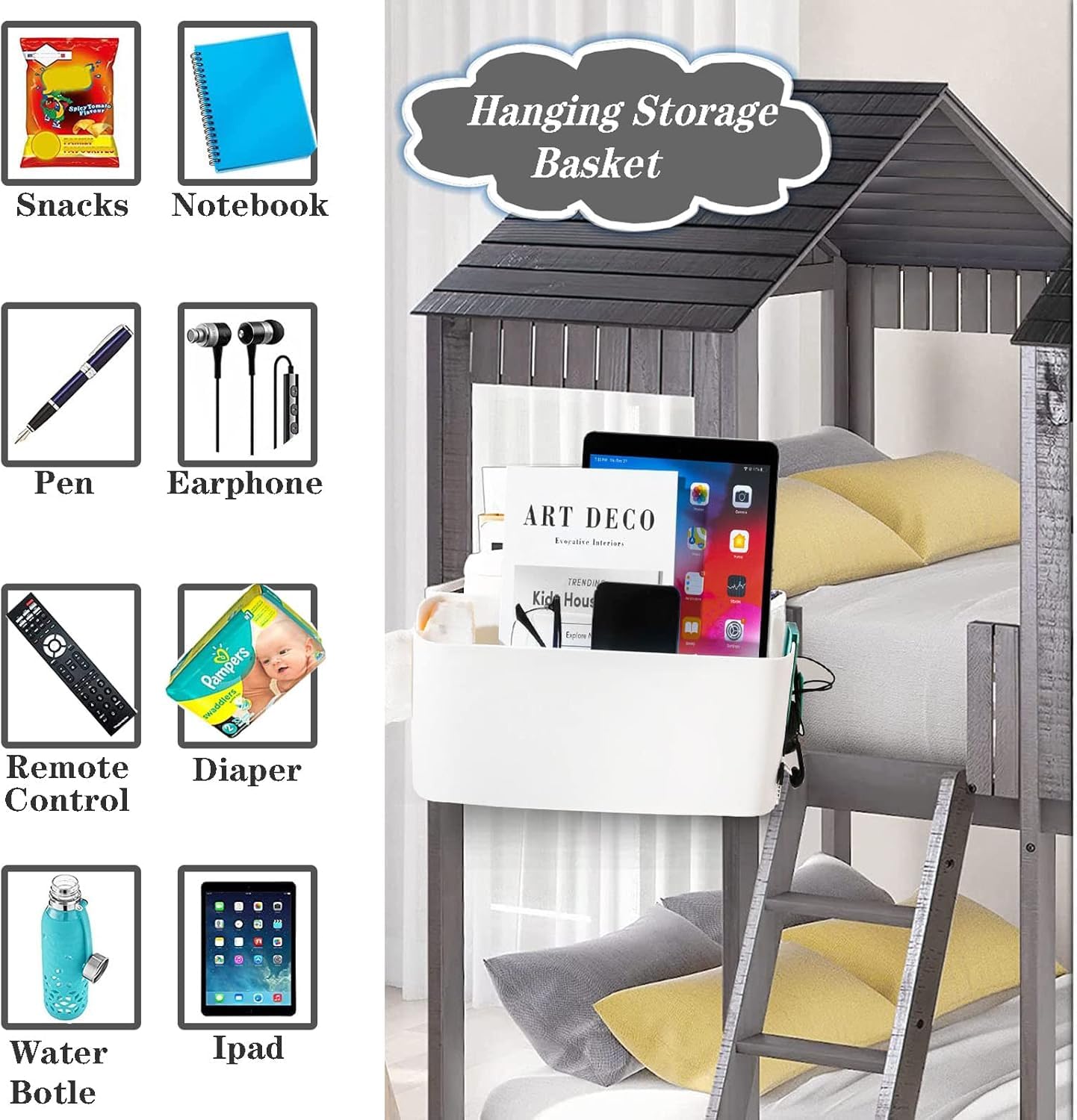 Buachois Caddy Hangy Caddy Appedisci Scaffali di stoccaggio Organizzatore Organizzatore Accessori con cesti con 2 ganci per rotaie per bambini Hollits Holder Dormitory College Dorm Room (Bianco)