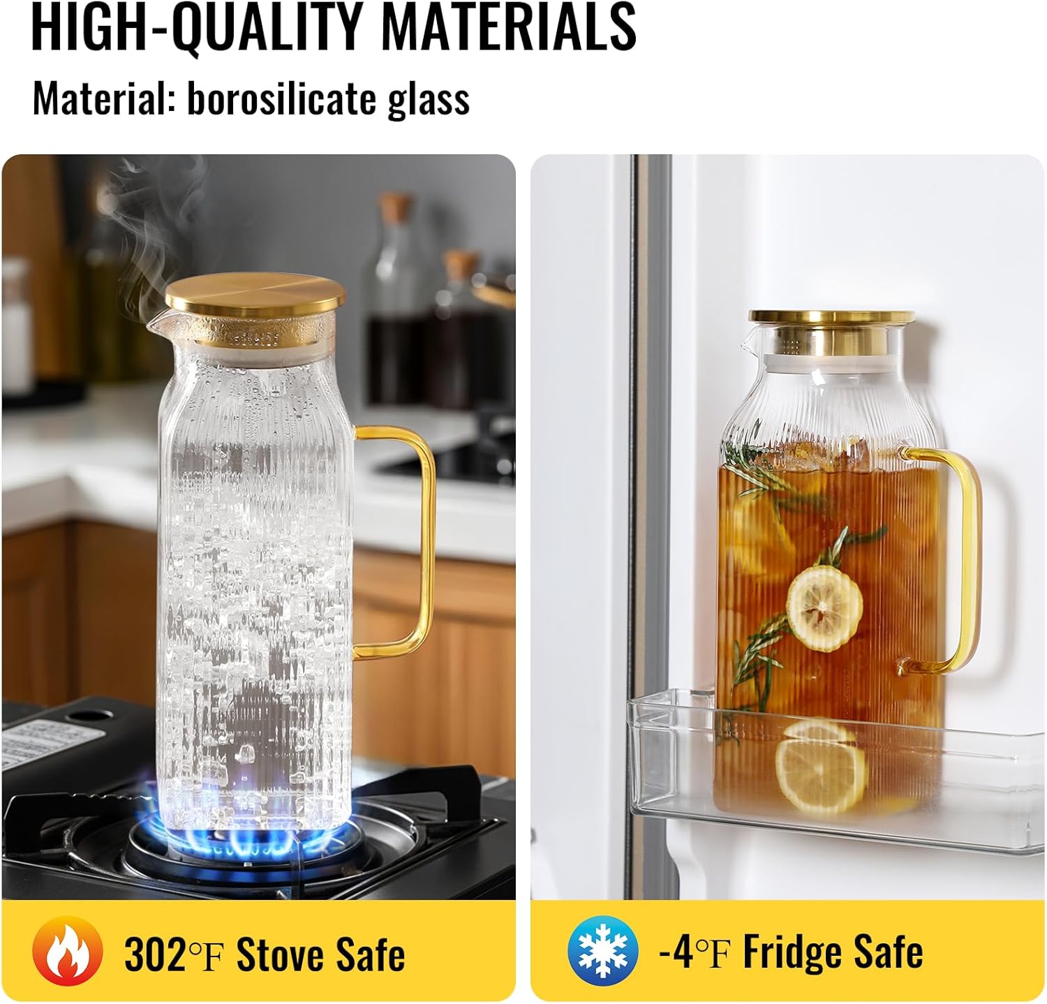 4 Pack 2 Liter/68 oz Square Glass Pitcher with Lid, Classic Stripes Water Pitchers with Handle for Fridge, Large Jug for Iced Tea, Coffee, Borosilicate Glass Carafe for Hot/Cold Brew Drink, Gold