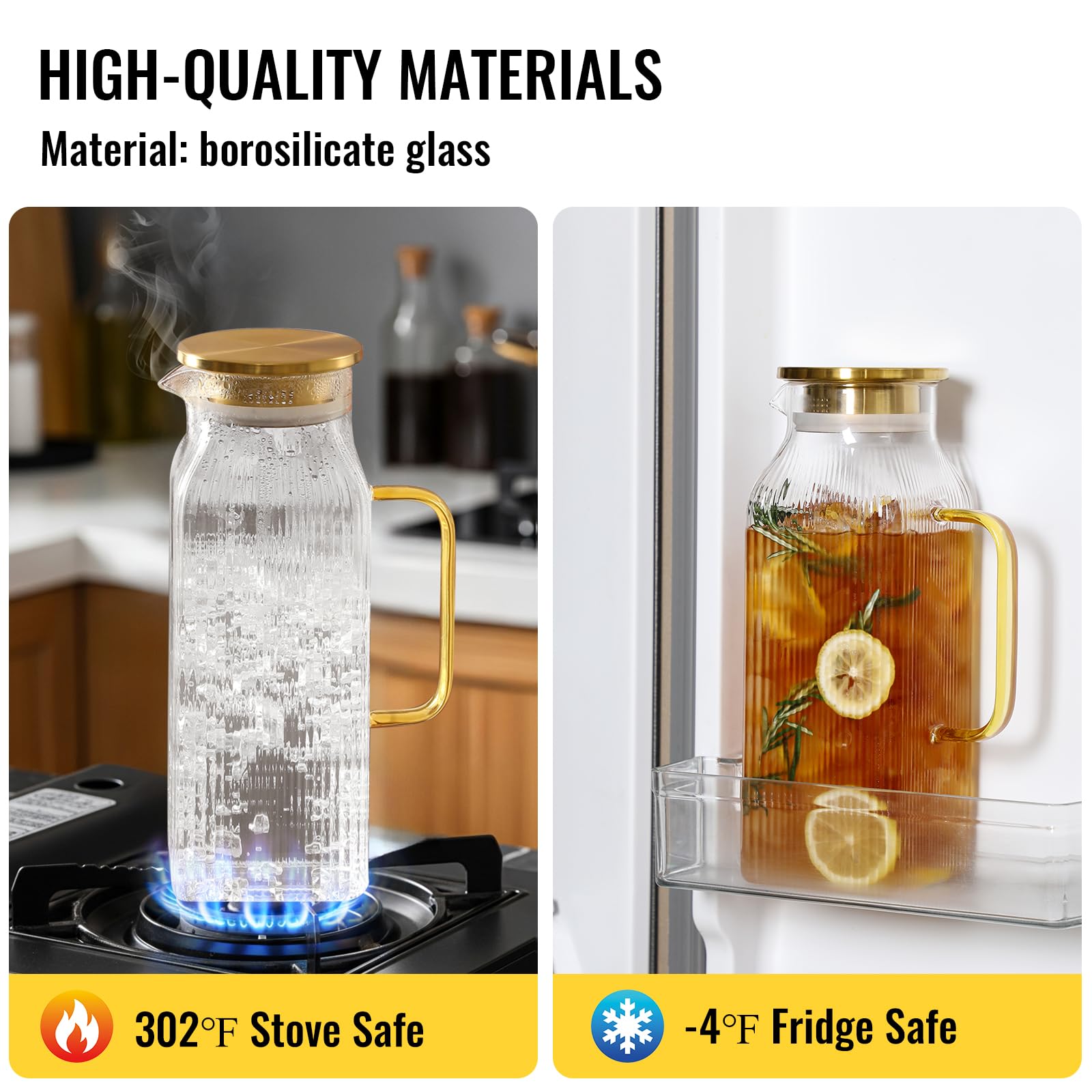 Confezione da 4 brocche quadrate in vetro da 2 litri con coperchio, classiche a righe con manico per frigorifero, brocca grande per tè freddo, caffè, caraffa in vetro borosilicato per bevande calde