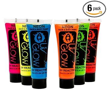 UV Glow Neon Face and Body Paint 10ml - Set of 6 Tubes - Fluorescent