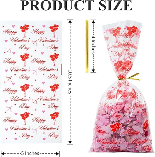 Miniatura 9 de idolpack Paquete de 50 bolsas de celofán para el día de San Valentín con 50 lazos torcidos, bolsas de violonchelo con corazón rojo, bolsas de dulces