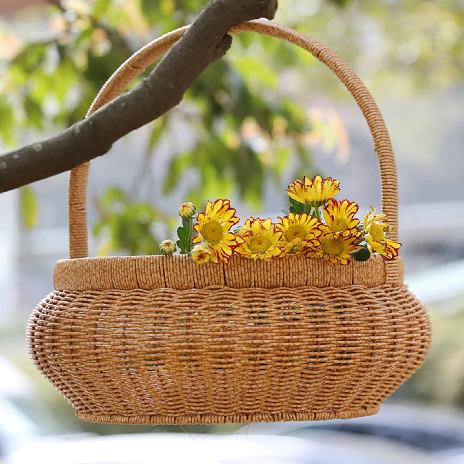 Woven Flower Basket - Organizer Na Żywność Z Wikliny Z Rączkami - Imitacja Rattanu Okrągły Pojemnik Dekoracyjny Do Przechowywania | Na Owoce Warzywa Chleb Serwowanie Dom Stół Piknik