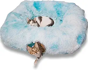 XxingSheep XL Cat Tunnel with Bed for Indoor Cats Peekaboo Cat Cave Donut Toy with Warm Mat,Azure Blue
