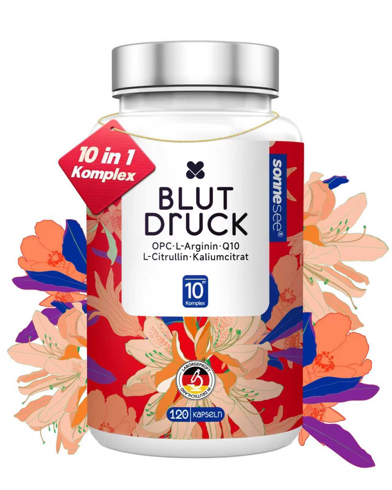 10 in1 Formel Blutdruck Komplex 120 vegane Kapseln hochdosiert mit L-Arginin, L-Citrullin, Kalium, OPC Coenzym Q10 & Magnesium – laborgeprüft,
