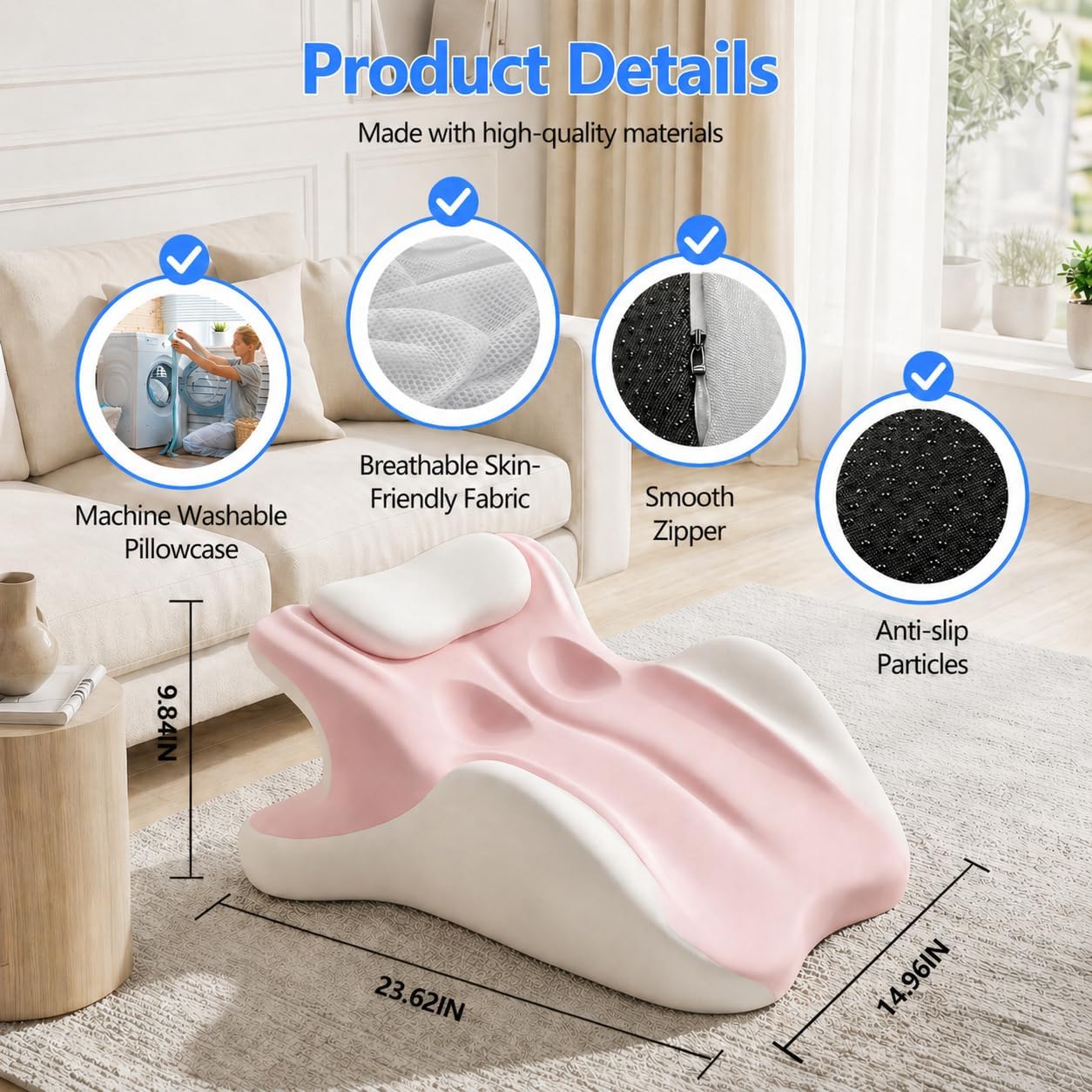 Memory Foam Ergonomic WedgePillow,Angled Support for for Bed, Helps Relieve Back&Waist Pain, with Removable Cover(Light Pink)