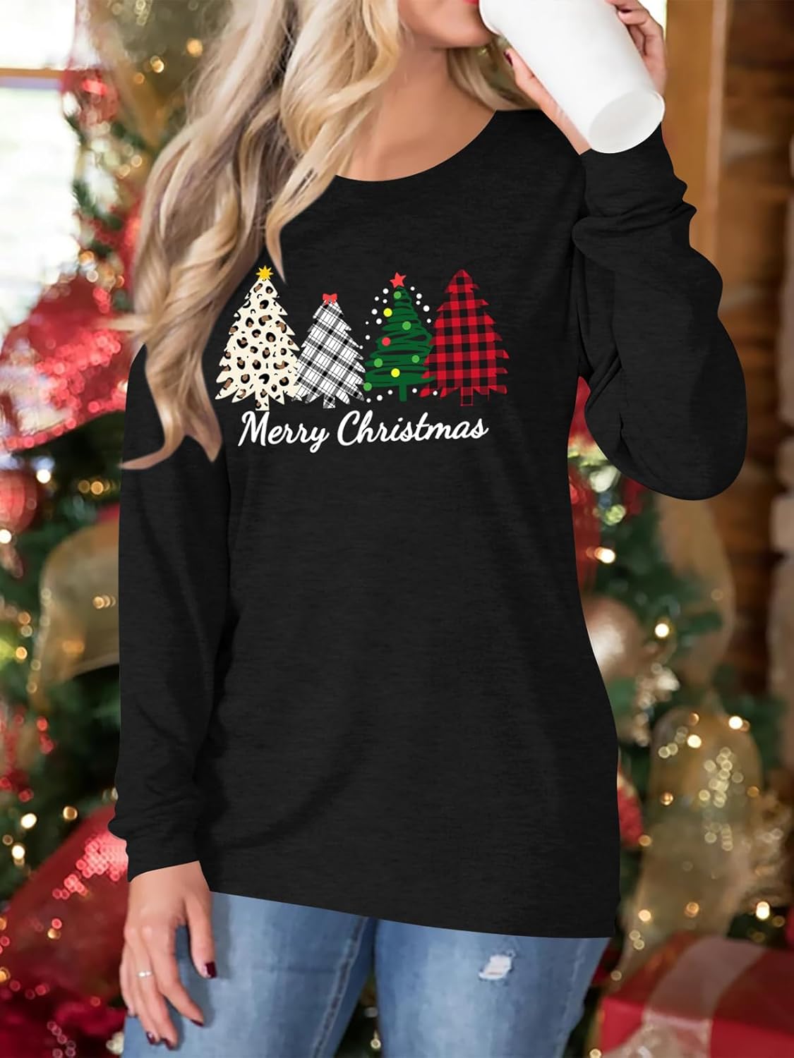 Christmas T-Shirt for Women Long Sleeve Round Neck Xmas Holiday Shirts Casual Basic Tunic Tops - Image 3