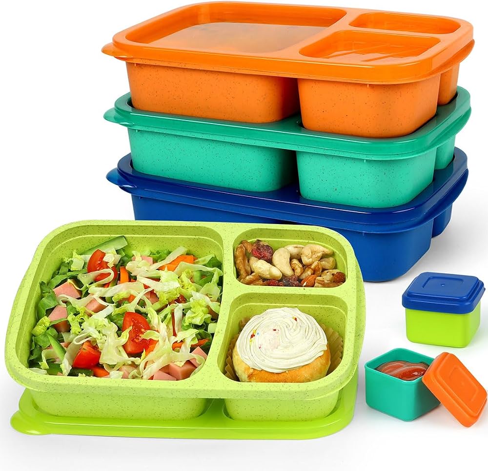 Caperci Bento Lunch Box Containers for Adults & Kids | 3-Compartment Reusable Meal Prep Containers with 2Pc Sauce Containers for School, Work, Travel, Wheat Straw, Set of 4