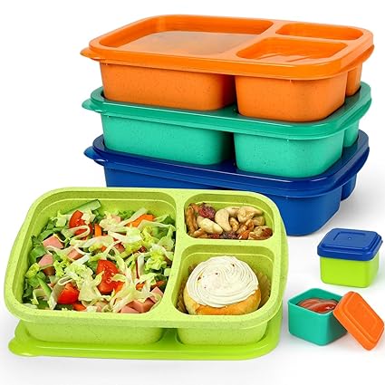 Caperci Lunchable Snack Containers - 3 Compartments Bento Snack Boxes (4 Pack) with 2 Leakproof Sauce Containers, Reusable Divided Food Containers for School, Work, Travel (Jewel Brights)