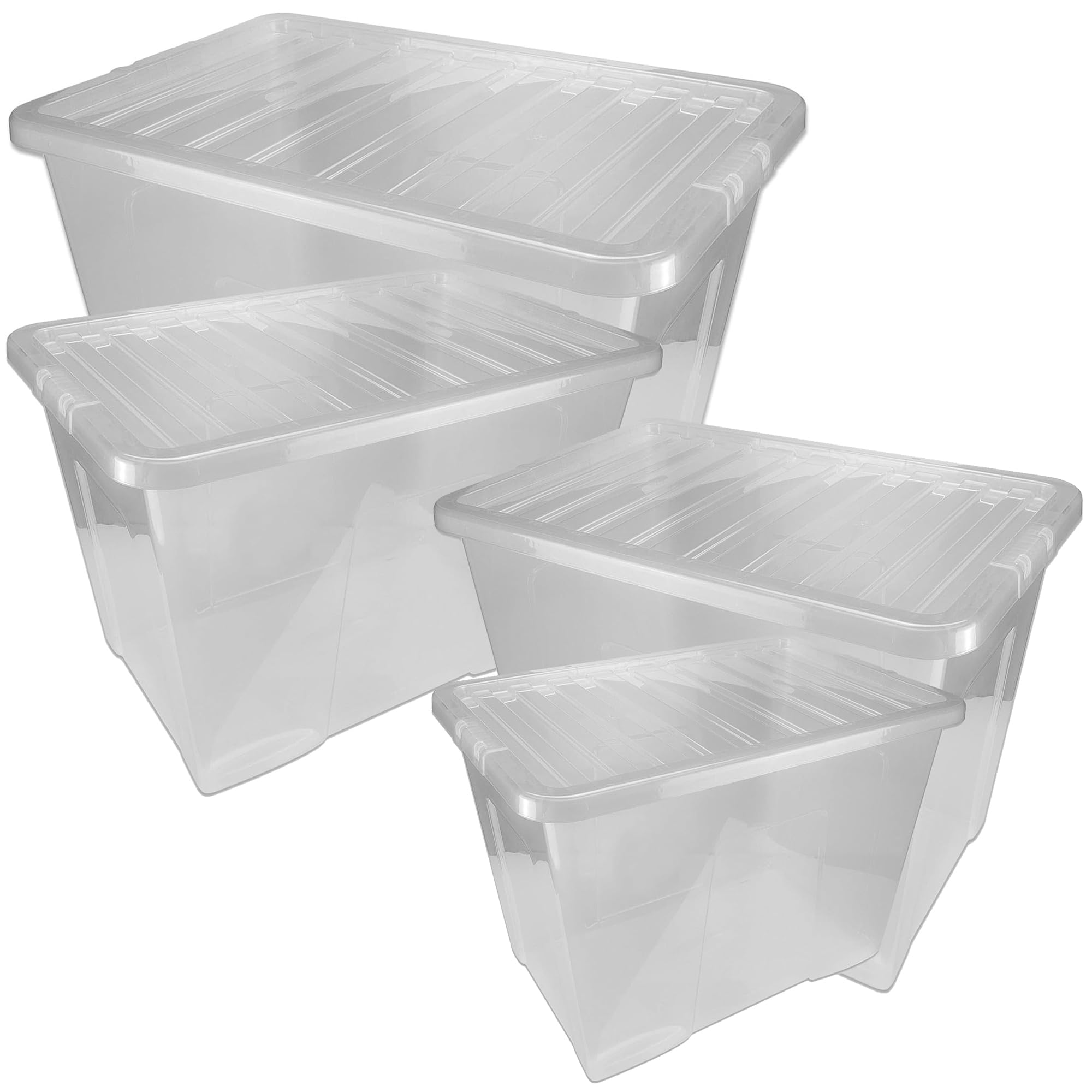 STORM TRADING GROUP 4 x 80L Plastic Storage Boxes With Lids Clear Large Size, Strong (Pack Of 4, 80 Litre) Stackable See Through Box