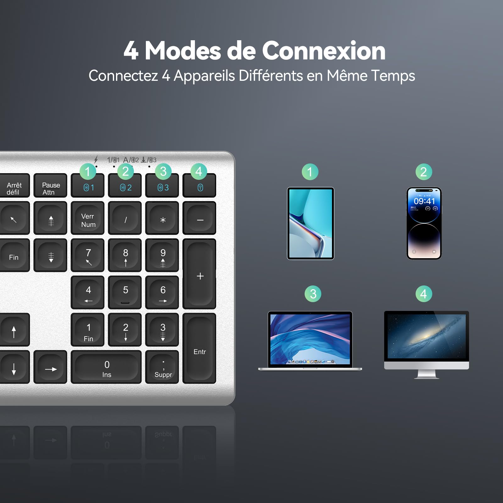 TECKNET Clavier sans Fil Ultra-Mince Rechargeable, Clavier Bluetooth 3 Canaux Multi-appareils, Clavier Silencieux à Frappe Douce, Compatible Mac OS et Windows, Connexion Stable et Longue Autonomie