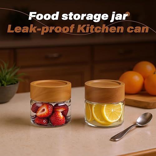 Miniatura 5 de Paquete de 6 recipientes herméticos apilables de vidrio de 4 onzas con tapas de acacia, tarros pequeños para avena durante la noche, almacenamiento