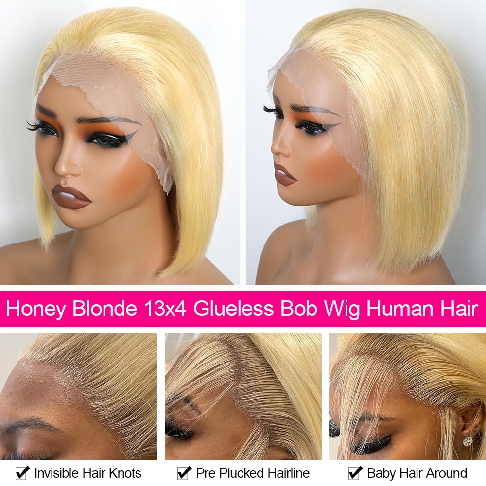 Blonde Bob Wig Human Hair 13x4 HD Lace Frontal Glueless Wigs Human Hair for Black Women 180 Density Pre Plucked 100% Brazilian Virgin Blonde Wigs Human Hair - 10 Inch Skinlike 613 Bob Wig