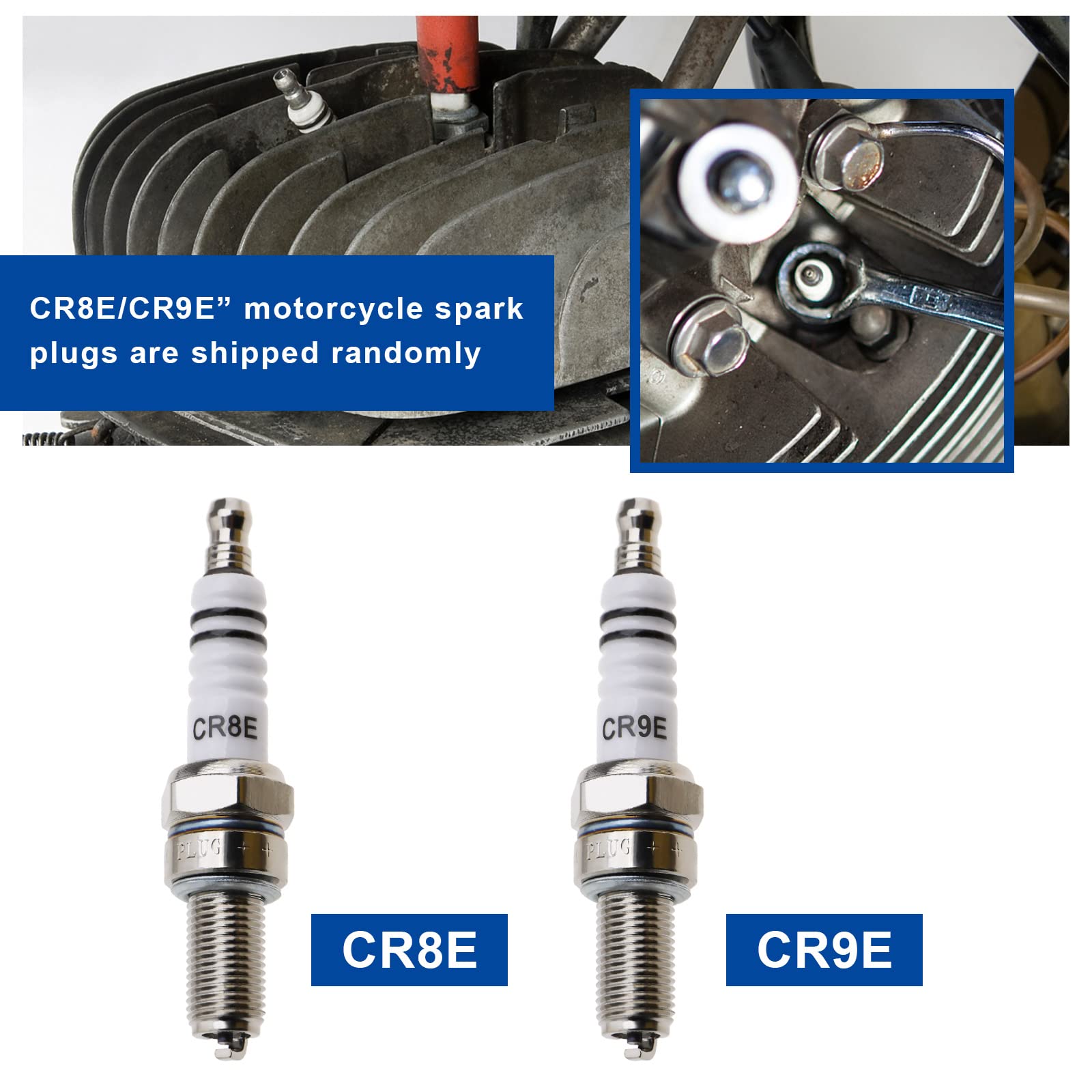 2 bujías CR8E/CR9E para motocicleta, bujía de repuesto, rosca de 0.394 in, eficiencia de combustible mejorada para RG94C (entrega aleatoria CR8E/CR9E)