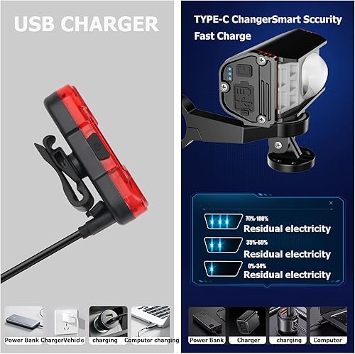 Miniatura 2 de Juego de faros delanteros LED brillantes de 1800 lúmenes, potentes faros delanteros y traseros para bicicleta, recargable por USB, impermeable, luz