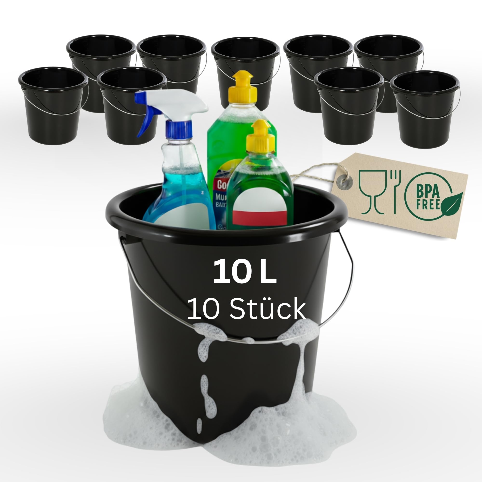 Novaliv Lot de 10 seaux de 10 l noir avec graduation dimensionnelle - Seau de nettoyage de 10 litres ? 28,5 cm - Pratique et polyvalent avec graduation pour la maison et le jardin - Idéal comme seau