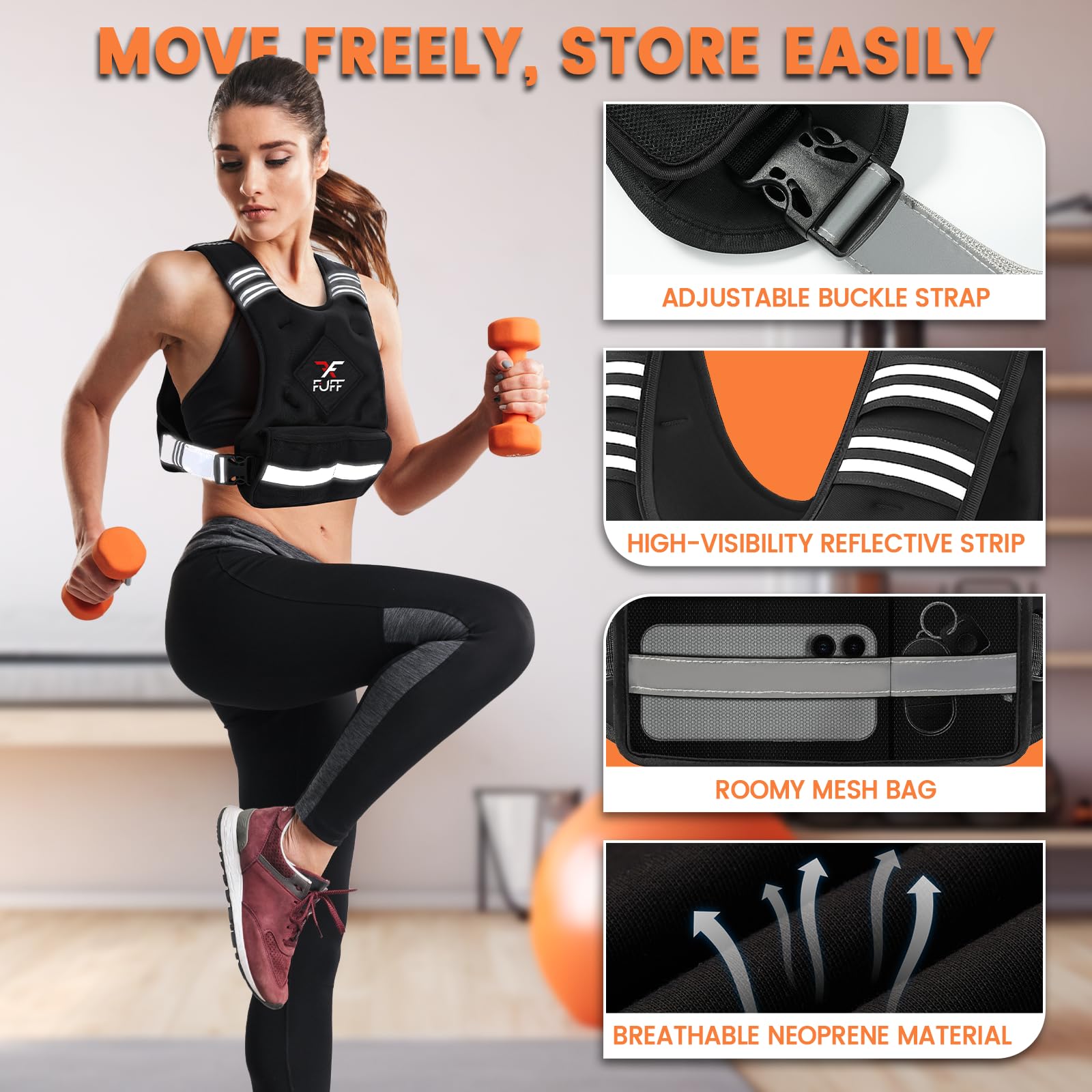 FUFF Chaleco con peso ajustable para adultos, 4-10 libras, 12-20 libras, chaleco con 6 pesos de arena de hierro para entrenamiento de fuerza, chaleco de peso grande con tira reflectante para hombres y