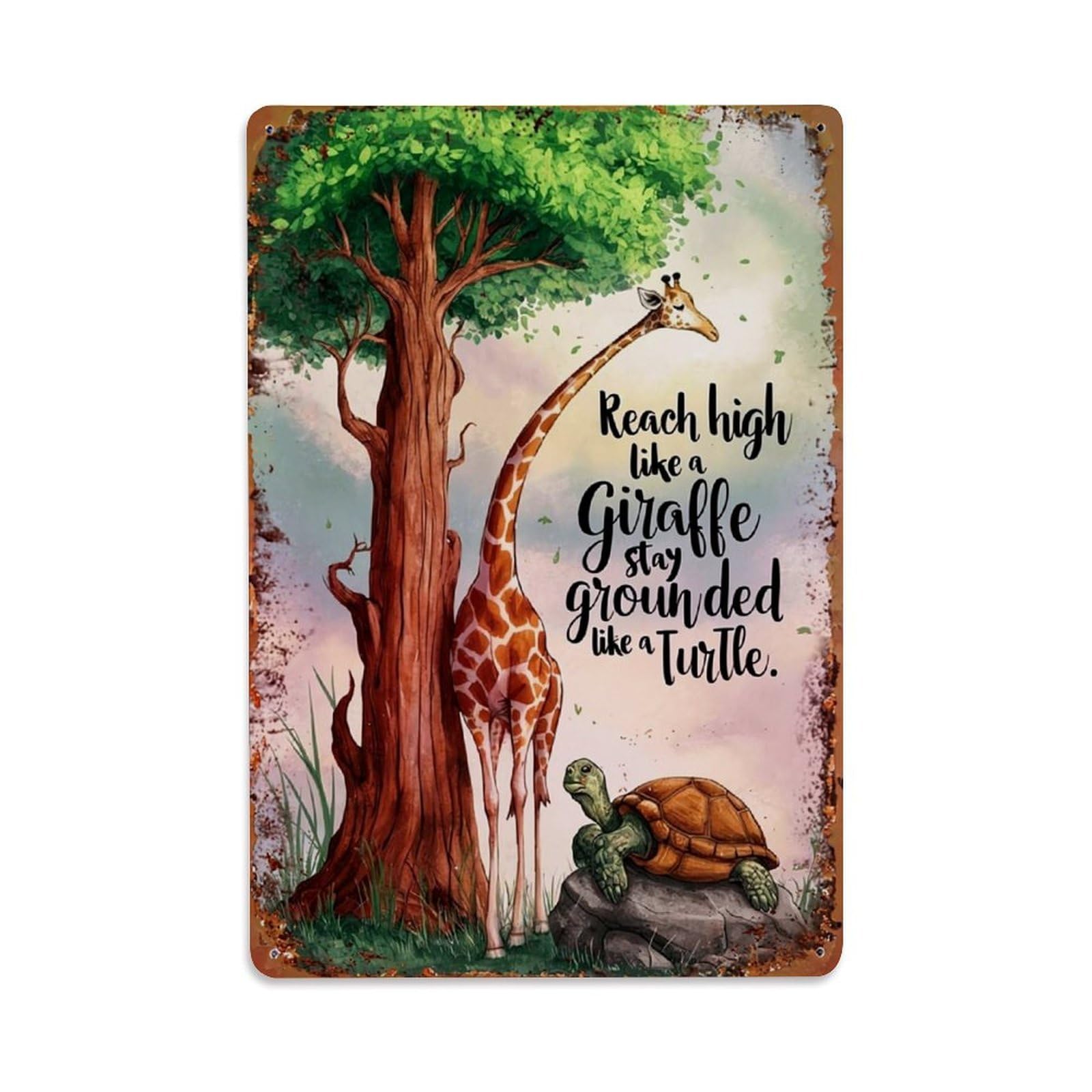 Jdfenggu Vintage Giraffe Turtle Tree Sky Grass Retro Metal Tin Sign, Decor Art Poster For Bar, Home, Man Cave, Kitchen, Laundry Room Gift 8X12inch