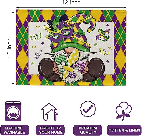 Miniatura 2 de Seliem Juego de 4 manteles individuales de gnomo de Mardi Gras, máscara de plumas de flor de Lis con diamantes de Nueva Orleans, carnaval, mesa de