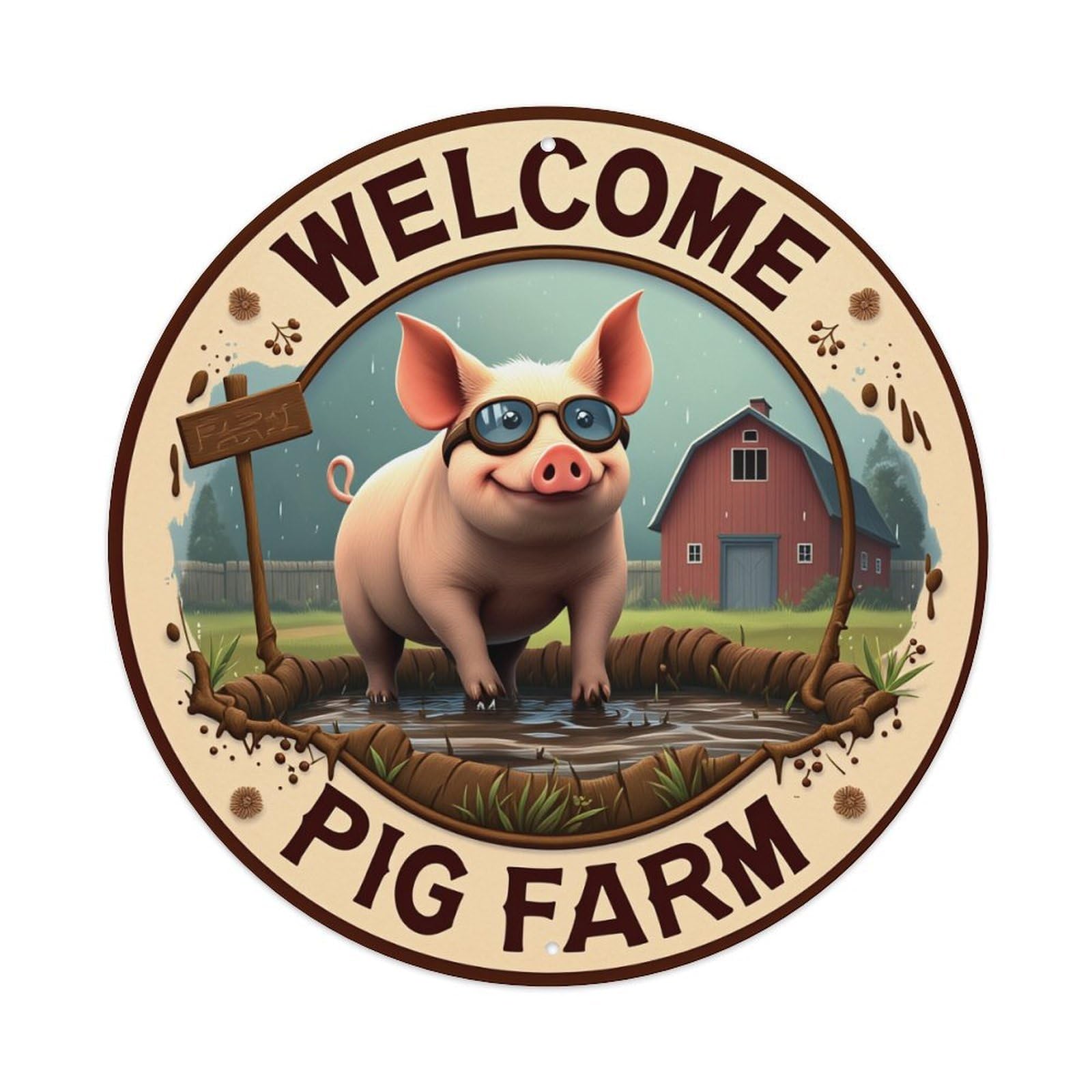 Welcome Pig Farm Sign Round Tin Sign Retro Metal Sign for Cafe Bar Pub Home Game Room Gym Club Wall Decoration Vintage Metal Poster 8x8 Inch