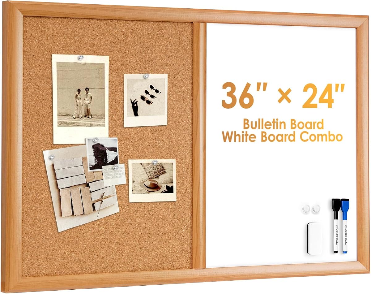 Combo de tablero de corcho blanco con marco de madera MDF | Tablón de anuncios de 36 x 24 pulgadas, tablero magnético de borrado en seco y tablero de corcho para pared, tablero de visión para el hogar, oficina, escuela