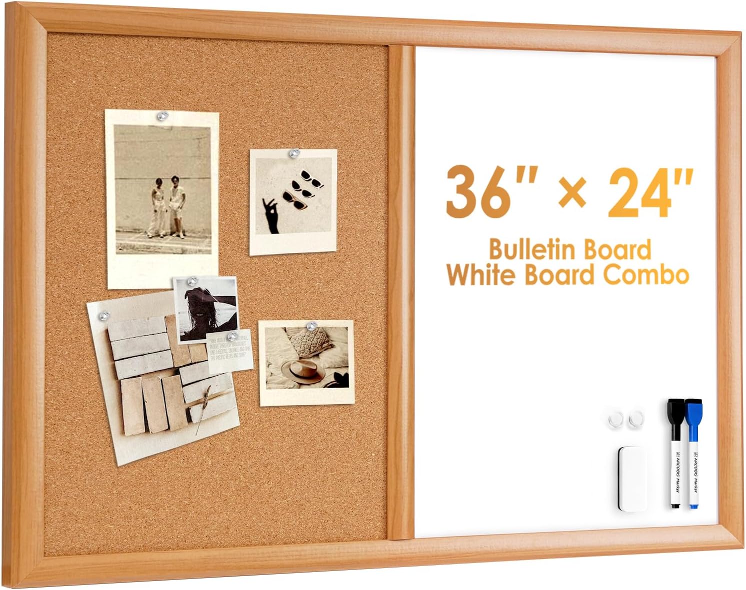 ARCOBIS Cork Board White Board Combo with MDF Wood Frame, 24 x 18 Inch Bulletin Board, Magnetic Dry Erase Board & Corkboard for Wall, Vision Board for Home, Office, School
