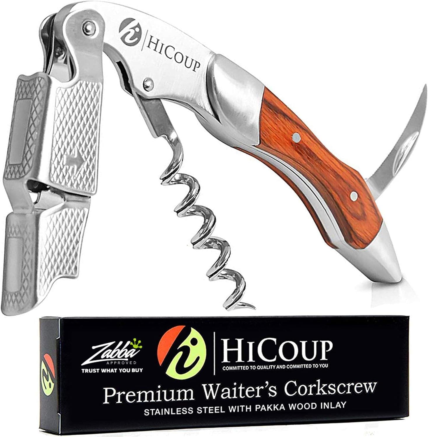 Hicoup Wine Opener - Professional Corkscrews for Wine Bottles w/Foil Cutter and Cap Remover - Manual Wine Key for Servers, Waiters, Bartenders and Home Use - Pakkawood & Steel