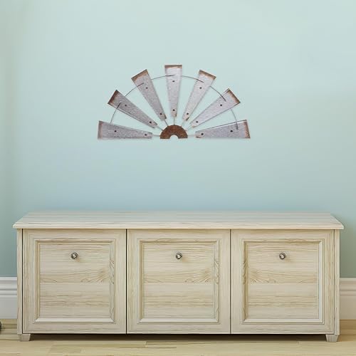 Miniatura 6 de VOSAREA Molino de viento pequeño de granja, decoración de pared de hierro rústico, medio molino de viento, escultura de pared de metal, adorno