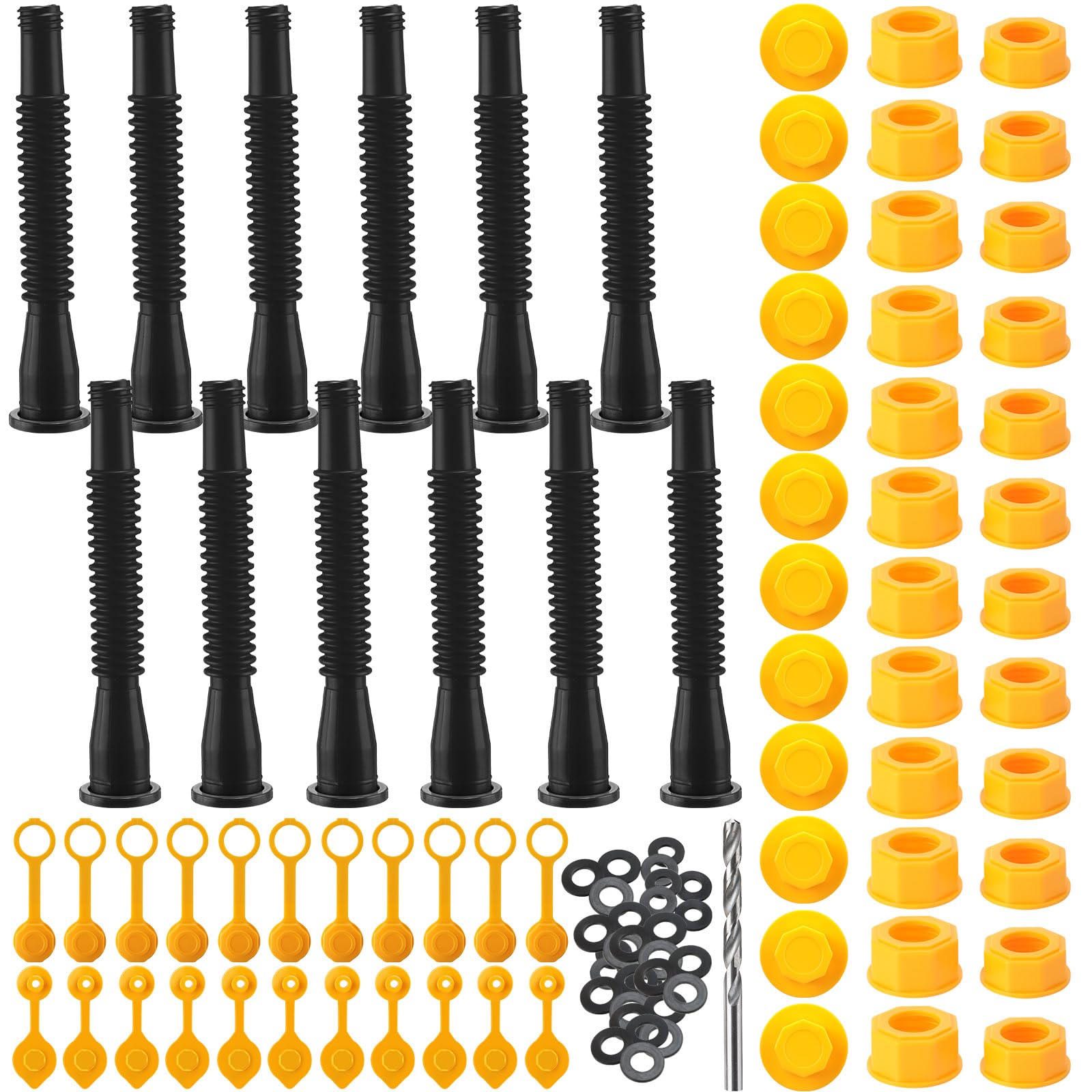 BBTO 12 Kit Gas Can Spout Replacement with Screw Collar Caps, Gasket Stopper, and 2 Kinds Gas Can Vent Cap Bendable Nozzle Kit Fits Most of the Oil Gas Cans Water Gas Container Jug (Black Yellow)