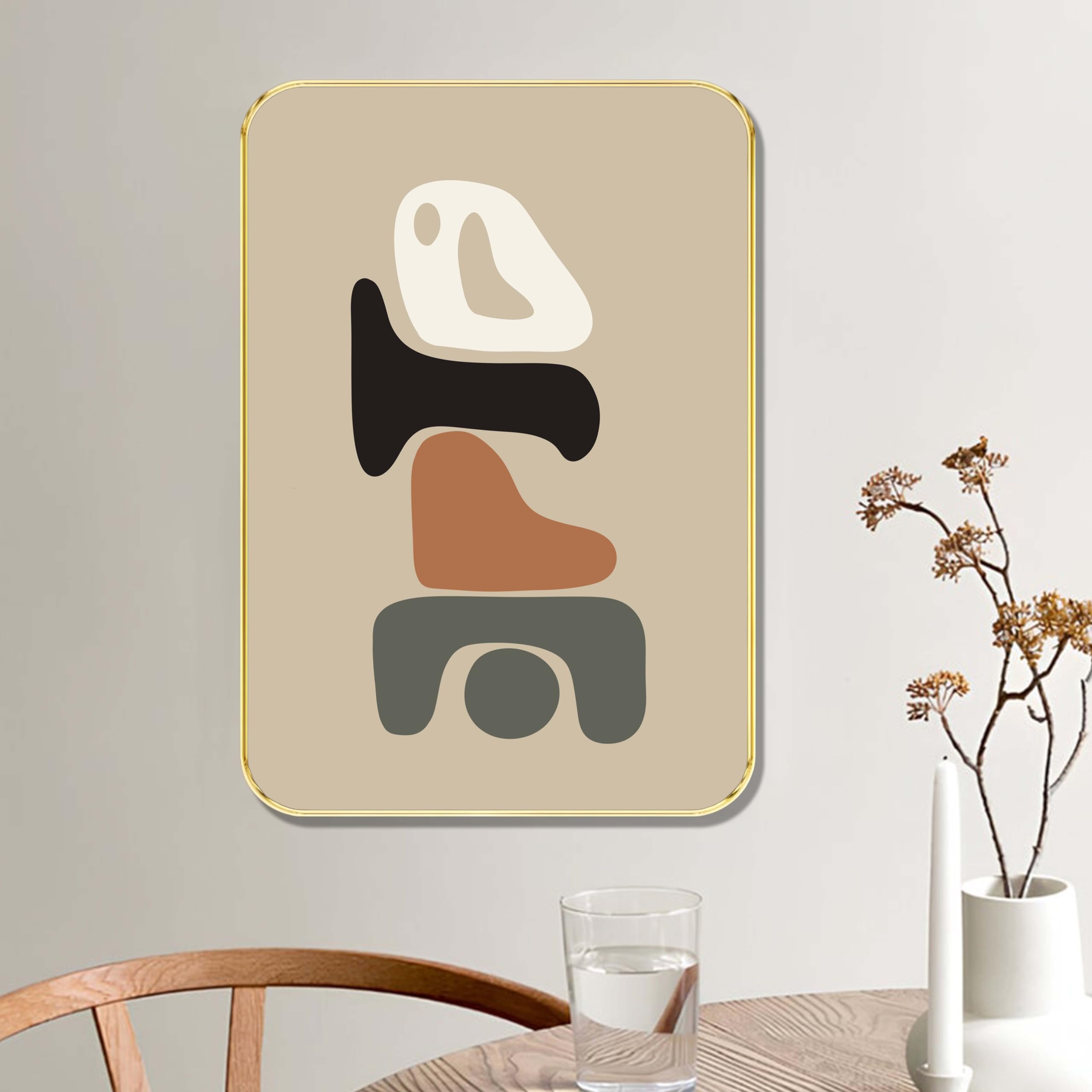 Golden Framed Abstract Wall Art – Modern Geometric Shape Stack on Beige Background | Minimalist Contemporary Decorative Painting for Living Room, Bedroom (13.5 Inch x 19.5 Inch) MG01-474