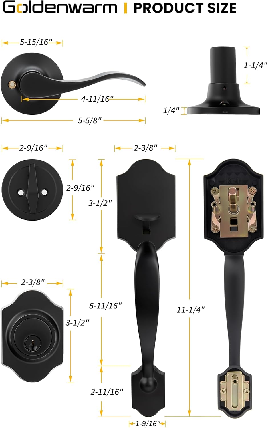 Goldenwarm Front Door Lock Set, Door Handle Exterior, Front Door Handle Set, Black Front Door Handle and Deadbolt Set, Exterior Door Lock Set