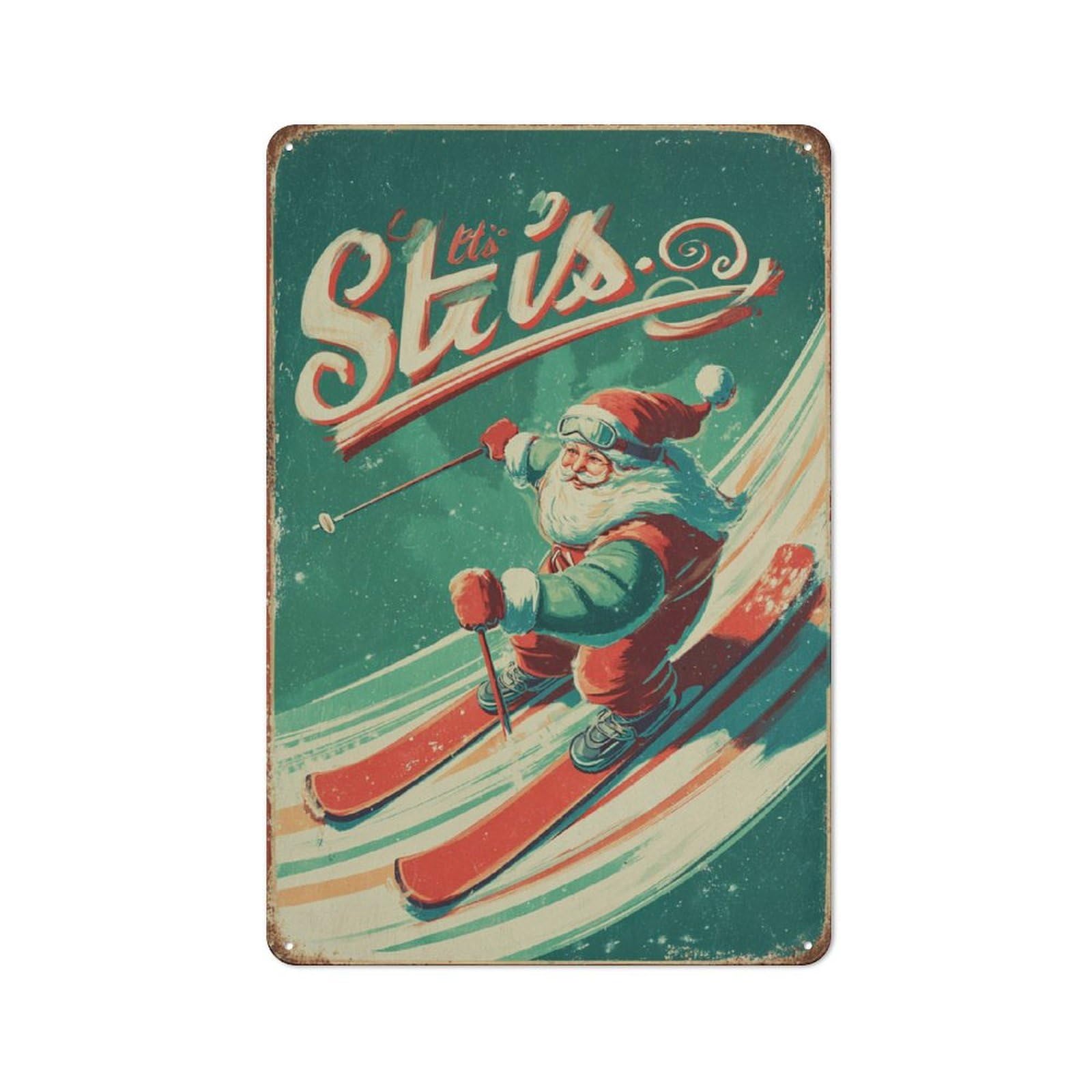 Junmoney Santa's Ski Ride Garden Style Tin Sign 30X20cm Featuring Shed Wall Decor For Patio Bar, Workshop, Shed Or Kitchen