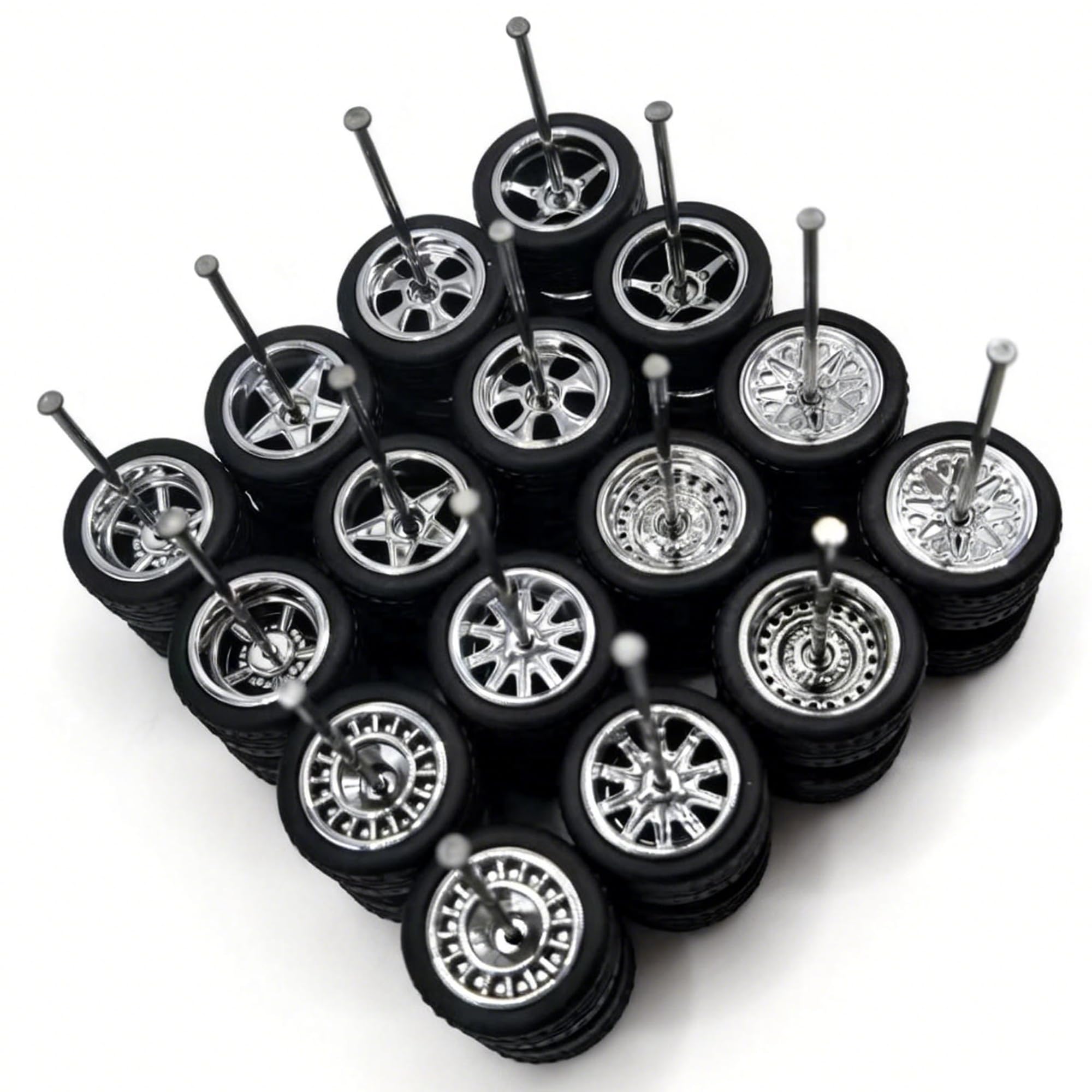 8 Set 1/64 Scale Wheels, 1 64 Wheels and Tires Set with 8 Styles Simulation Wheel Hub & Rubber Tires, 1/64 Wheels Suitable for Beginner DIY Modification 1/64 Diecast Cars (Electroplated Silver)