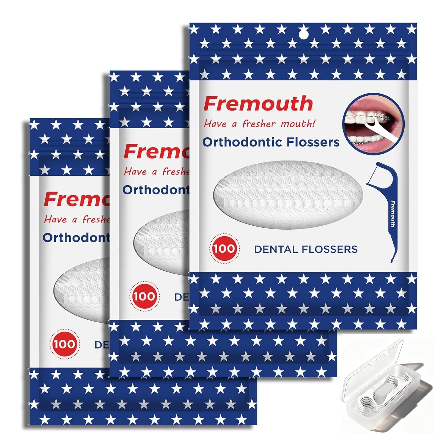 Fremouth 300 Count 3-in-1 Braces Flossers - Orthodontic Dental Floss Picks, 100 Count (Pack of 3), with a Travel Case