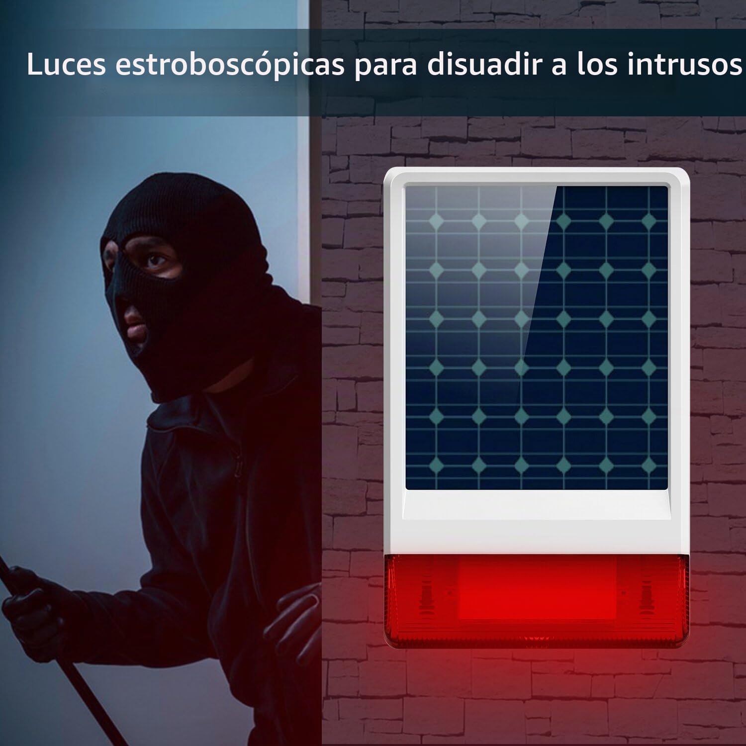 Wolf-Guard JD-W06 Sirena Inalámbrica, 433MHz Exterior Flash LED Solar Estroboscópica como Elemento Disuasorio Adicional, 110db Sirena en Vivo, 12"X7.5", Impermeable