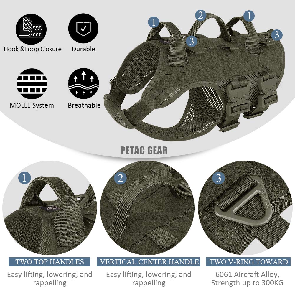 PETAC GEAR Arnés táctico para perros sin tirones para perros grandes K9 de trabajo para perros militares, chaleco de policía, entrenamiento para perros, arneses Molle con asa..
