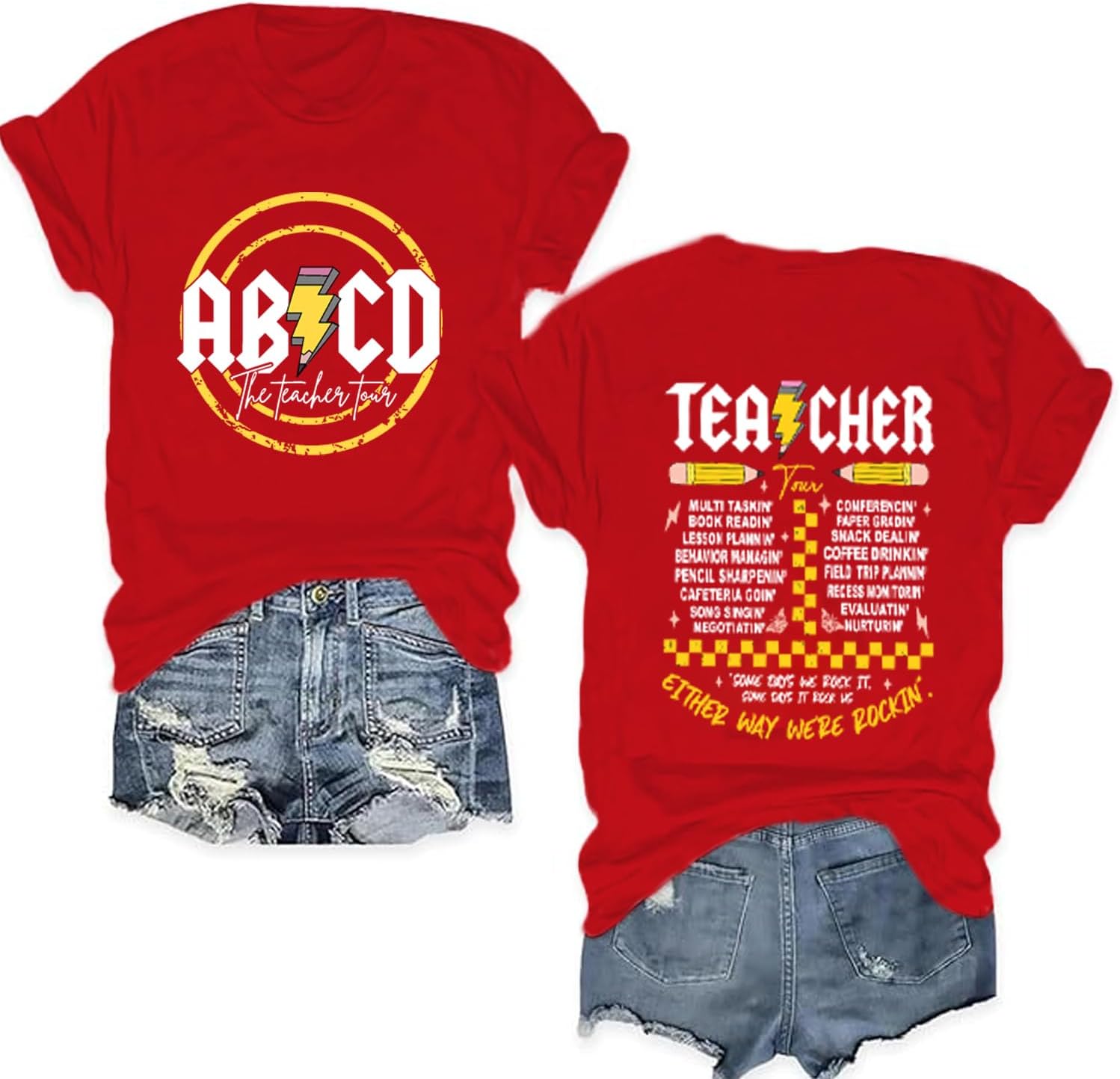 Potia Teacher Shirts for Women Funny ABCD Teacher Tour T-Shirt Casual Back to School Teach Tee Tops