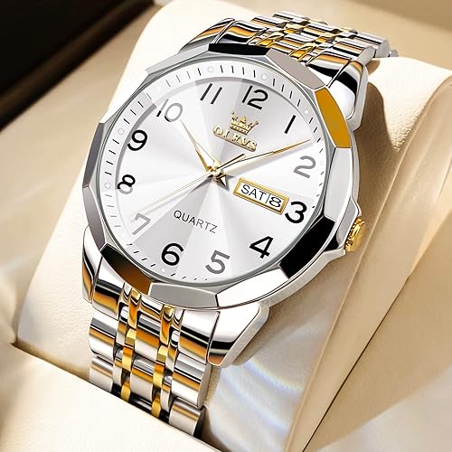 Miniatura 2 de OLEVS Reloj de lujo para hombre, vestido analógico de cuarzo, acero inoxidable, impermeable, luminoso, fecha, diamante, negocios, dos tonos, reloj