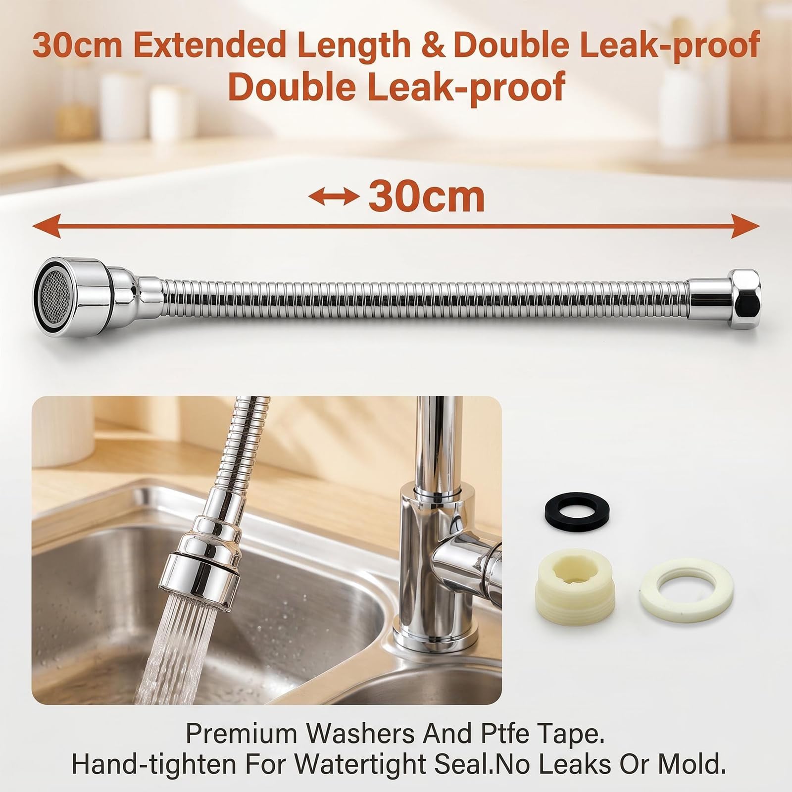 Alargador Grifo Cocina Flexible de Acero Inoxidable 304, 30 cm, Orientación Fija, Ideal para Cepillarse los Dientes, Lavarse la Cara y el Pelo, y para Recoger el Agua en el Fregadero