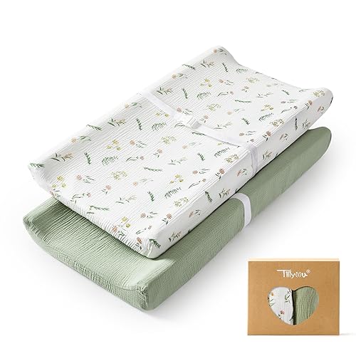 Miniatura 13 de TILLYOU Funda de muselina para cambiador de pañales para bebés, niñas y niños, de algodón suave y transpirable, 2 unidades (flor amarilla) Flor