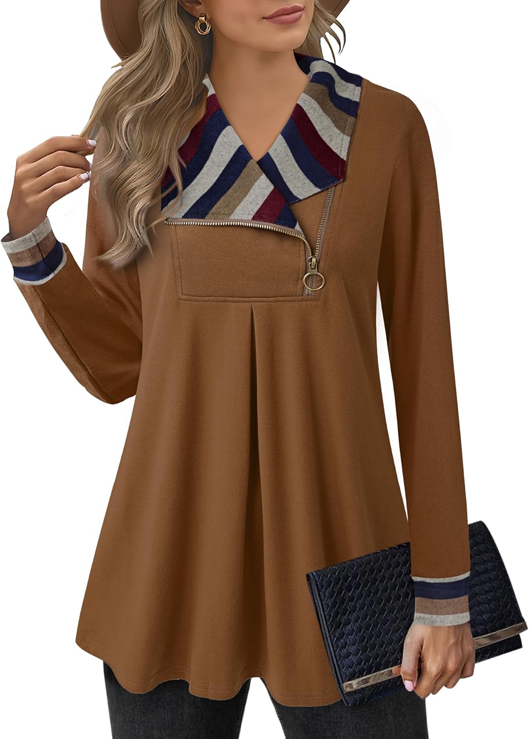 VALOLIA Women's Casual Swing Sweatshirt Long Sleeve Zipper Lapel Fashion Pullover Tunic