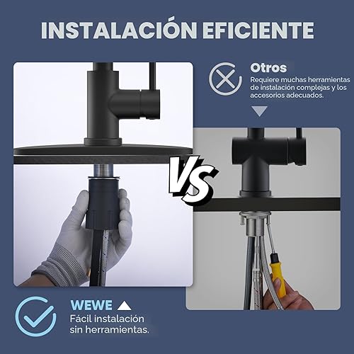 Miniatura 6 de WEWE Llaves de cocina de acero inoxidable sus304 negro mate con pulverizador desplegable, diseño industrial, 1 o 3 orificios, para cocina rústica