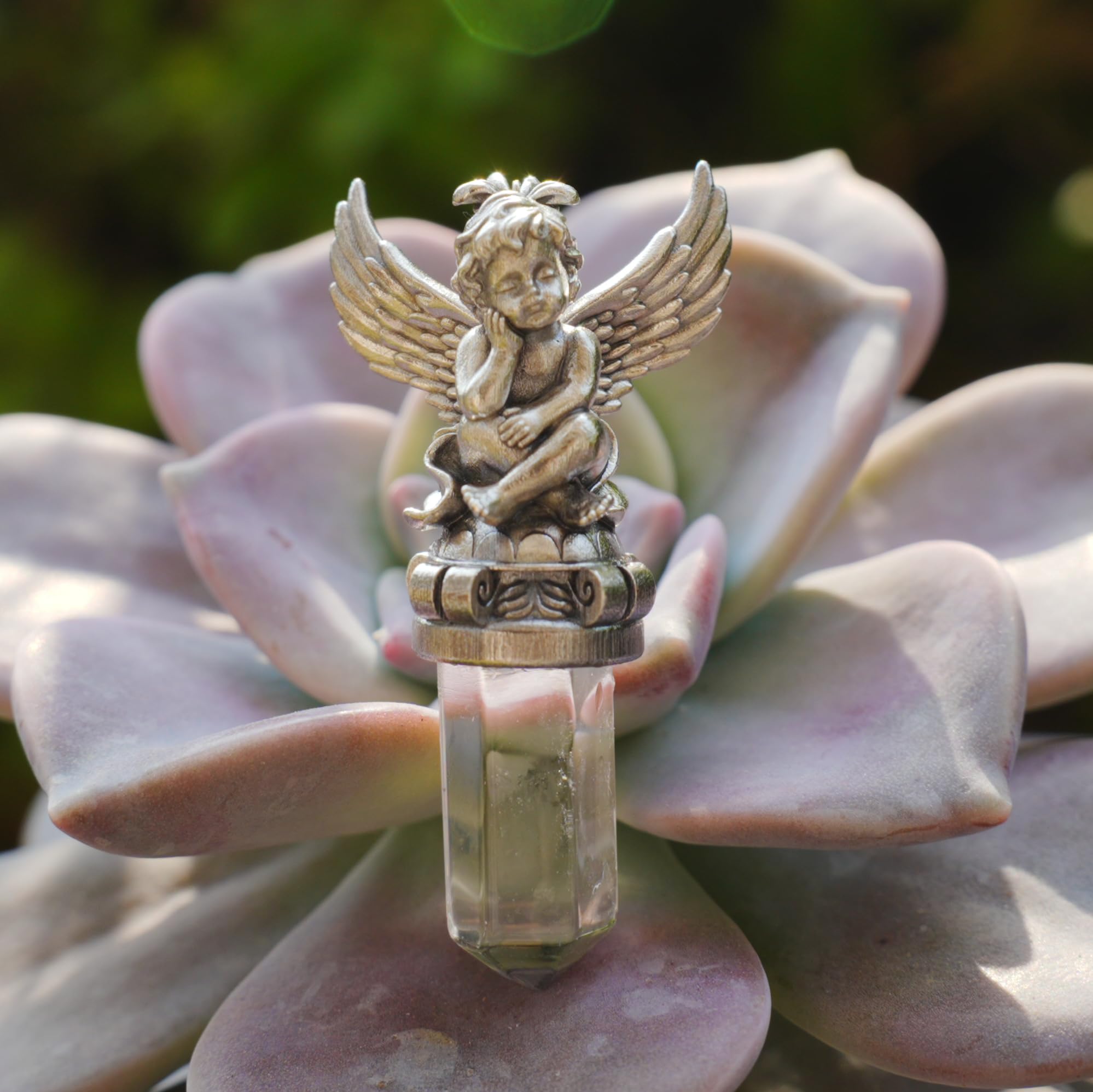 Generisch 925 Sterling Silber Engel Anhänger mit Bergkristall 4,5 x 2 cm 16 g Unisex Schutzengel Talisman transparenter Edelstein Schmuck Geschenk für Damen und Herren