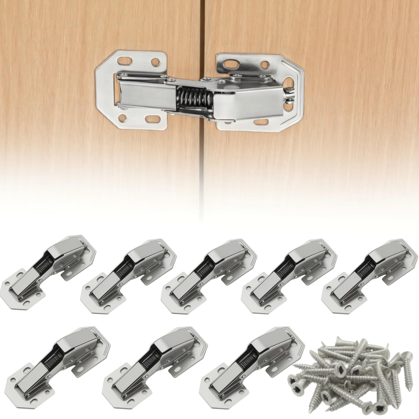 8Pcs Cabinet Hinges, 90 Degree Full Overlay Mute Kitchen Units Door Hinges with Screws, Hidden Cupboard Door Hinge, Soft Close Corner Hinge for Kitchen Cabinet, Wardrobe Door, Bathroom Cabinet